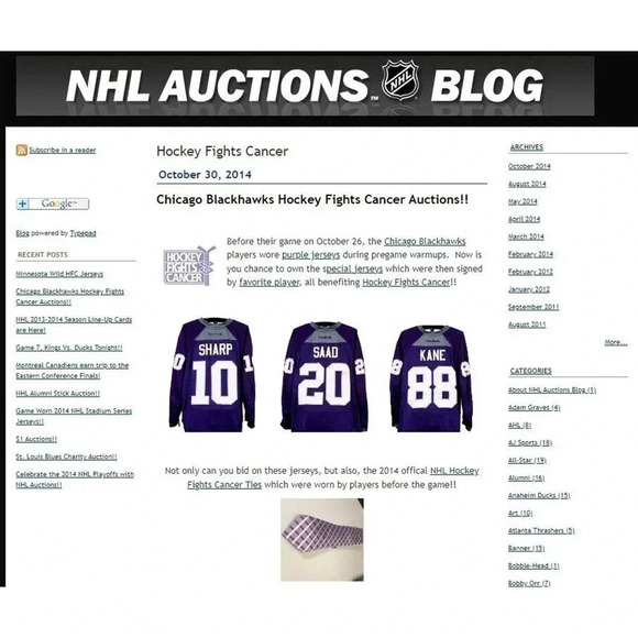 Patrick Kane Worn and Autographed 2014 Hockey Fights Cancer Silk Necktie - Picture 2 of 9